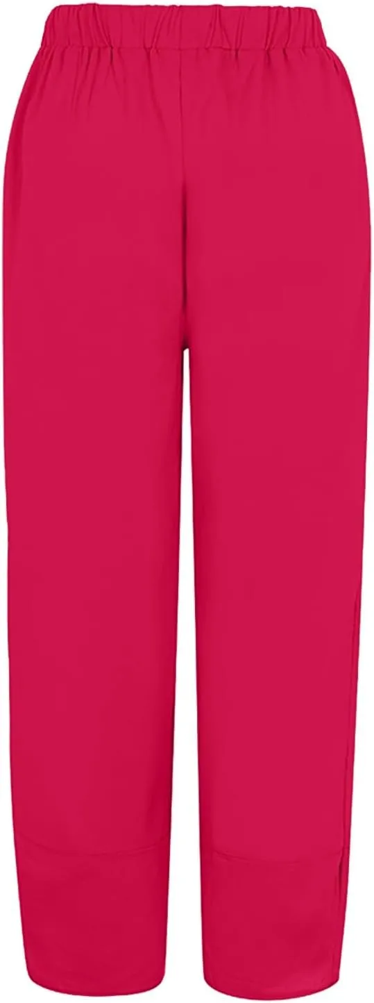 Women's Pants Fashion Baggy Pants Petite Summer Straight Leg Elastic Waist Trousers with Pockets