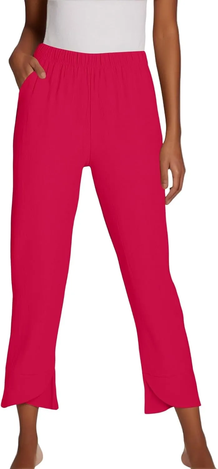 Women's Pants Fashion Baggy Pants Petite Summer Straight Leg Elastic Waist Trousers with Pockets