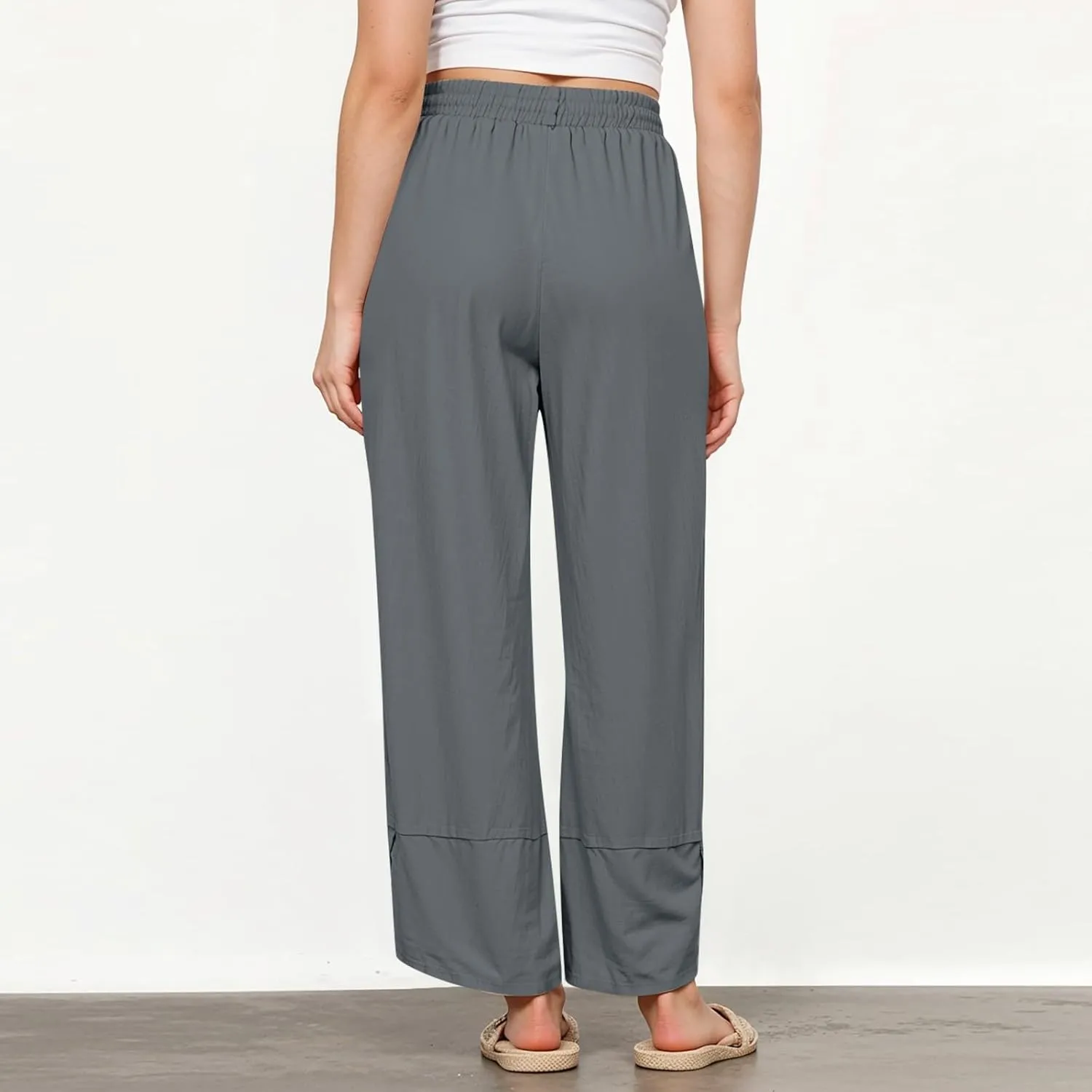 Women's Pants Fashion Baggy Pants Petite Summer Straight Leg Elastic Waist Trousers with Pockets
