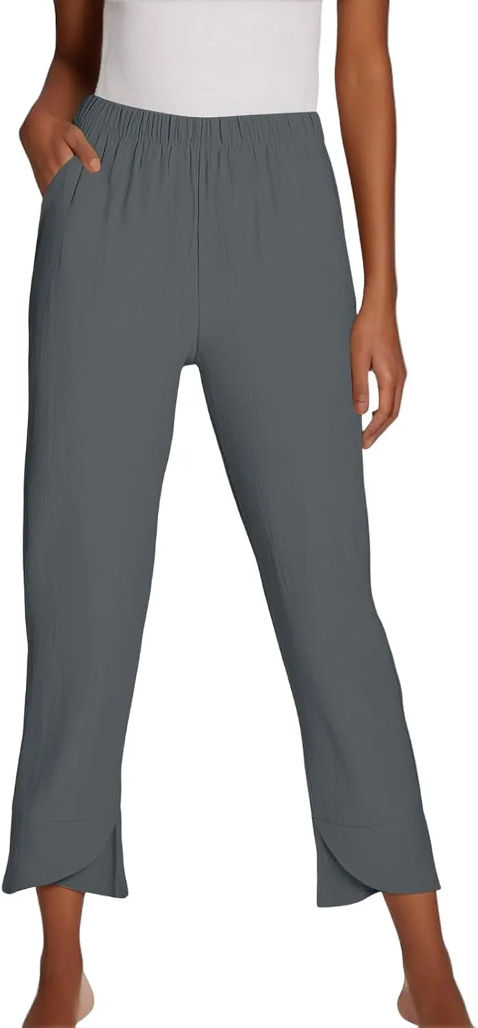 Women's Pants Fashion Baggy Pants Petite Summer Straight Leg Elastic Waist Trousers with Pockets