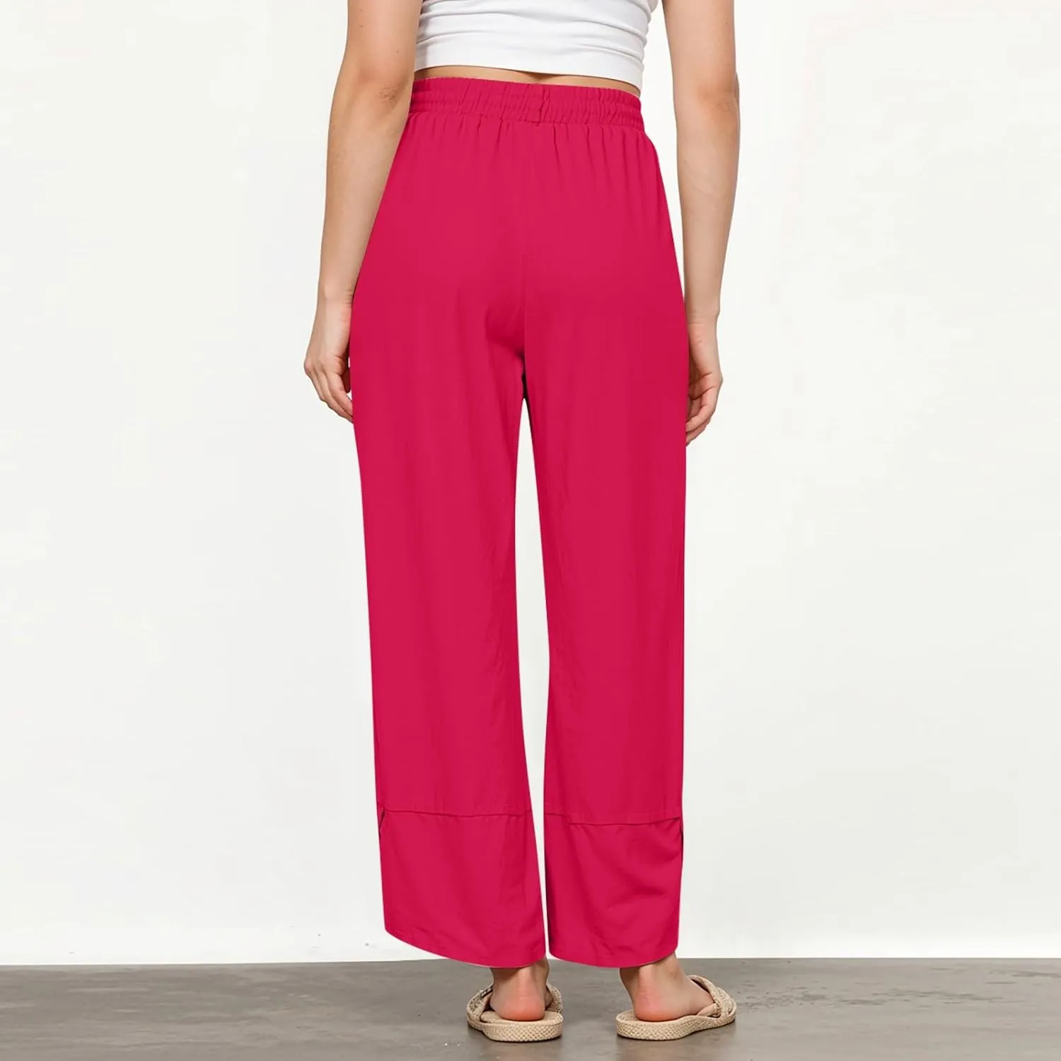 Women's Pants Fashion Baggy Pants Petite Summer Straight Leg Elastic Waist Trousers with Pockets