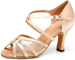Women's Peep Toe Satin Ballroom Tango Party Wedding Rumba Practice Professional Dance Shoes Nude US 7.5