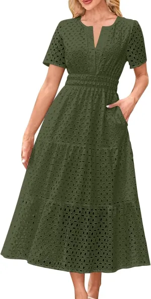 Women's Summer Short Sleeve A-Line Midi Dresses Casual Solid Color Long Dress Flowy Beach Sundress with Pockets S-XXL