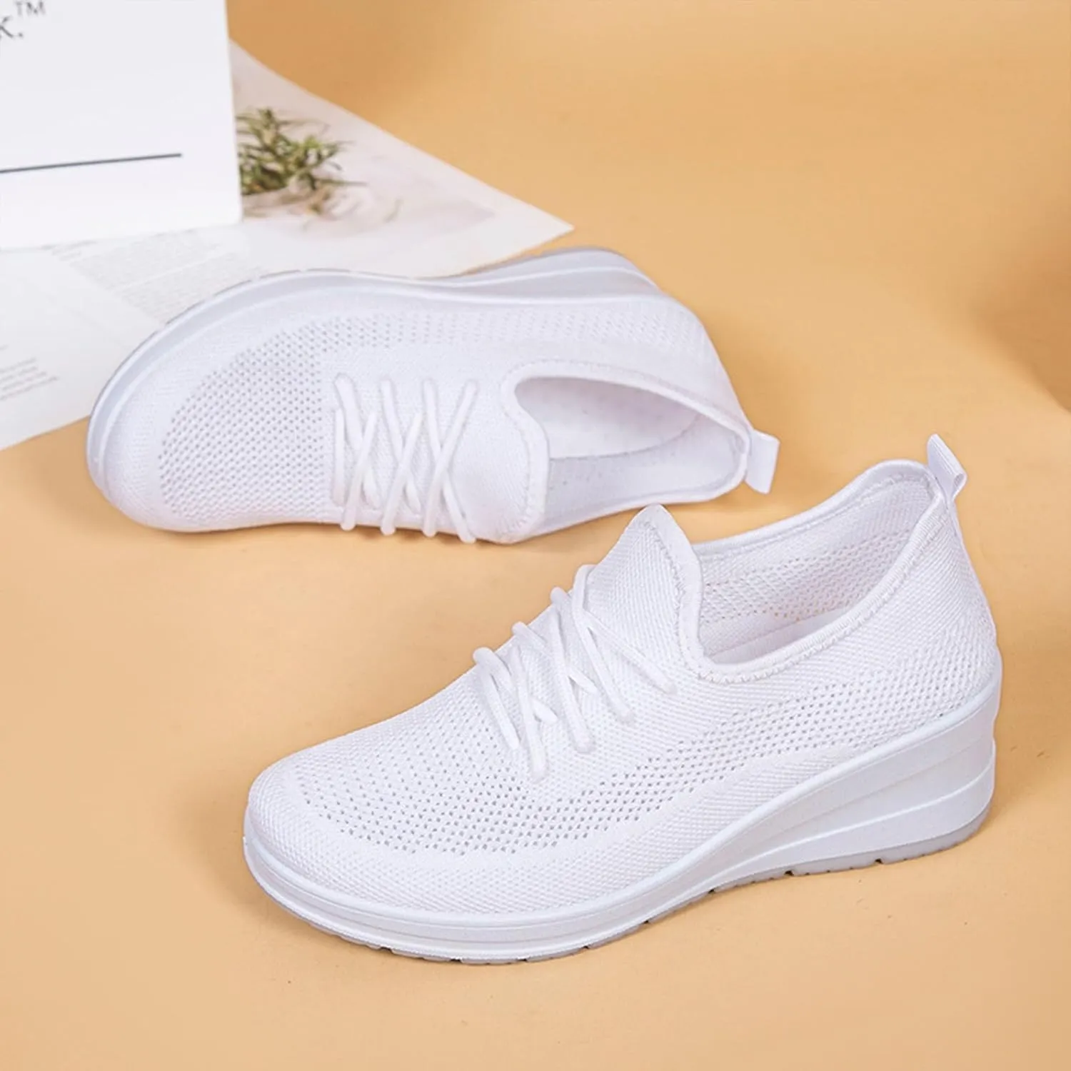 Womens Ultra-Light Stretchy Mesh Wedge Orthopedic Sneakers Comfor Lace Up Non Slip Hollow Out Increase Height Casual Walking Shoes for Outdoor Sport Travel Hiking