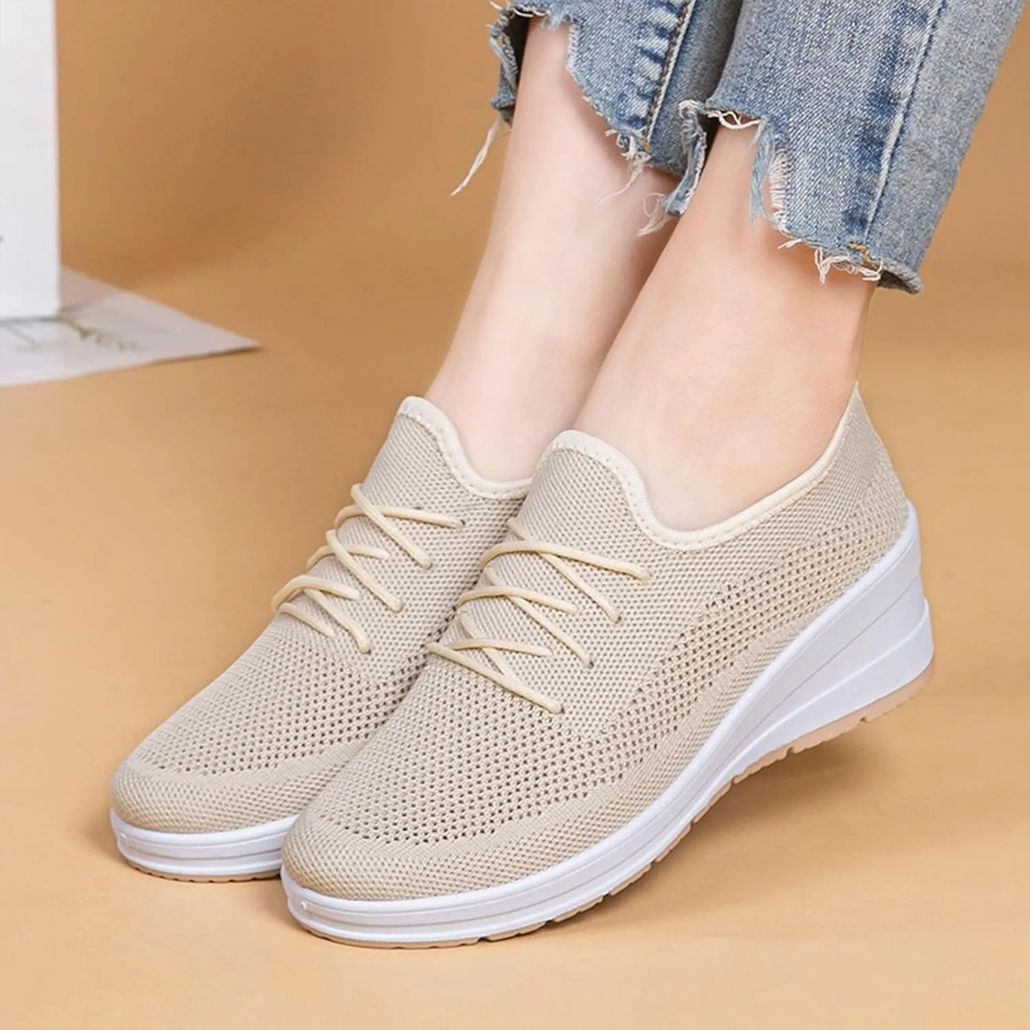 Womens Ultra-Light Stretchy Mesh Wedge Orthopedic Sneakers Comfor Lace Up Non Slip Hollow Out Increase Height Casual Walking Shoes for Outdoor Sport Travel Hiking