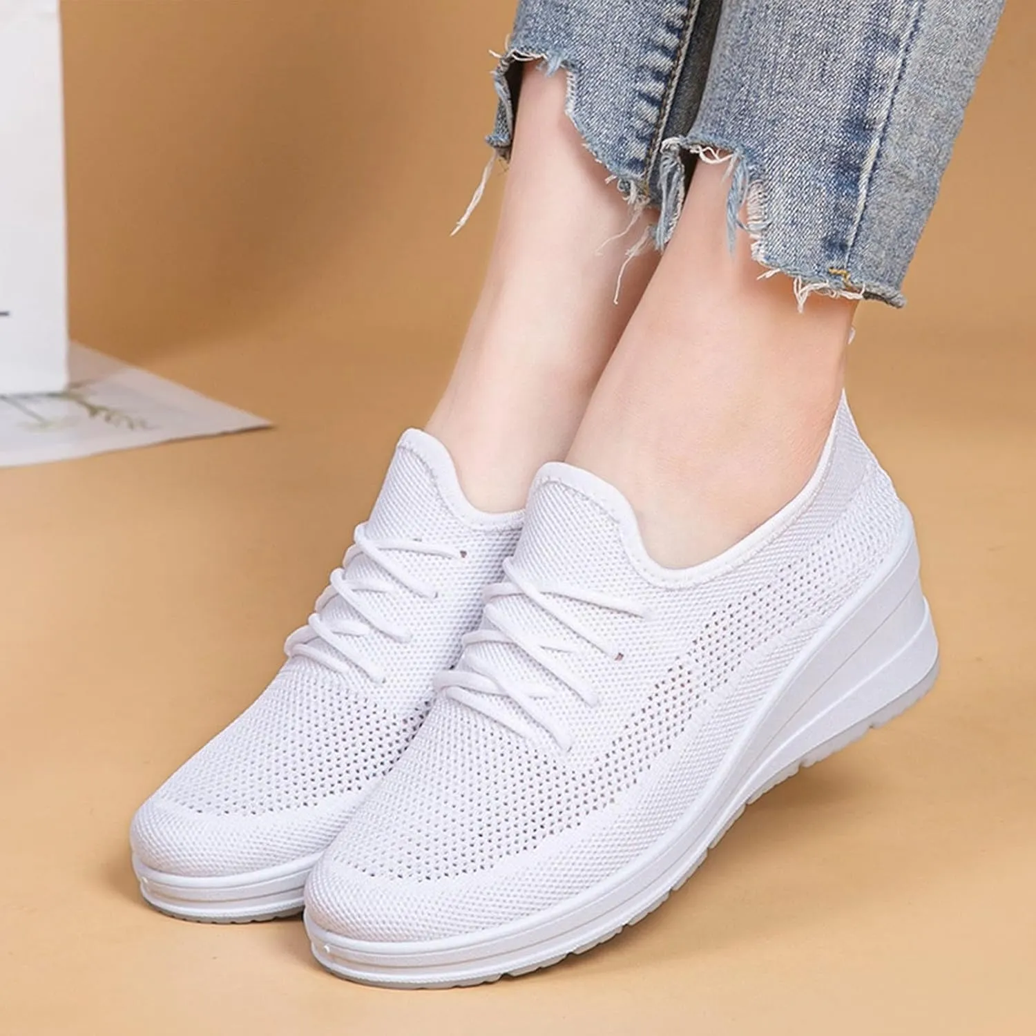 Womens Ultra-Light Stretchy Mesh Wedge Orthopedic Sneakers Comfor Lace Up Non Slip Hollow Out Increase Height Casual Walking Shoes for Outdoor Sport Travel Hiking