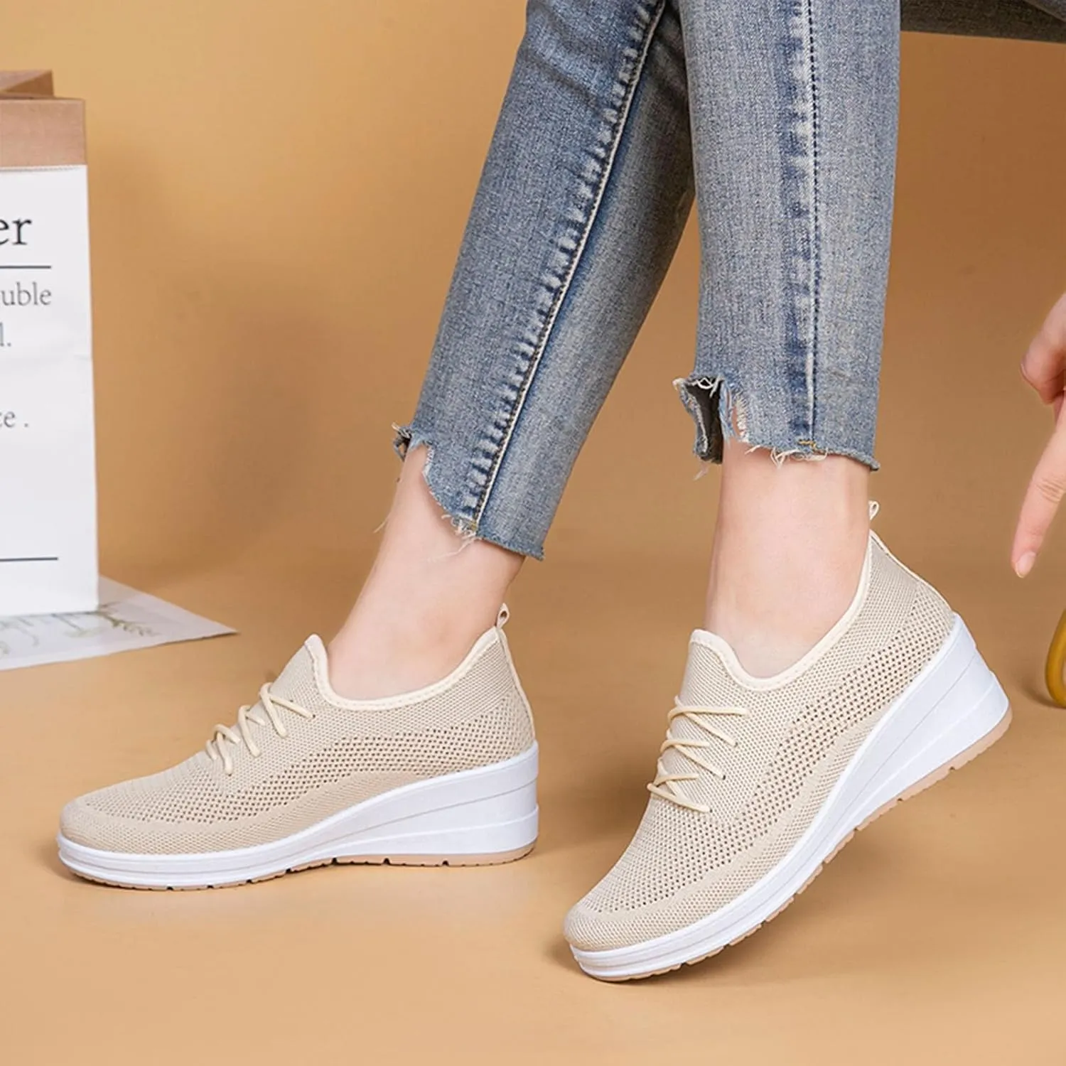 Womens Ultra-Light Stretchy Mesh Wedge Orthopedic Sneakers Comfor Lace Up Non Slip Hollow Out Increase Height Casual Walking Shoes for Outdoor Sport Travel Hiking