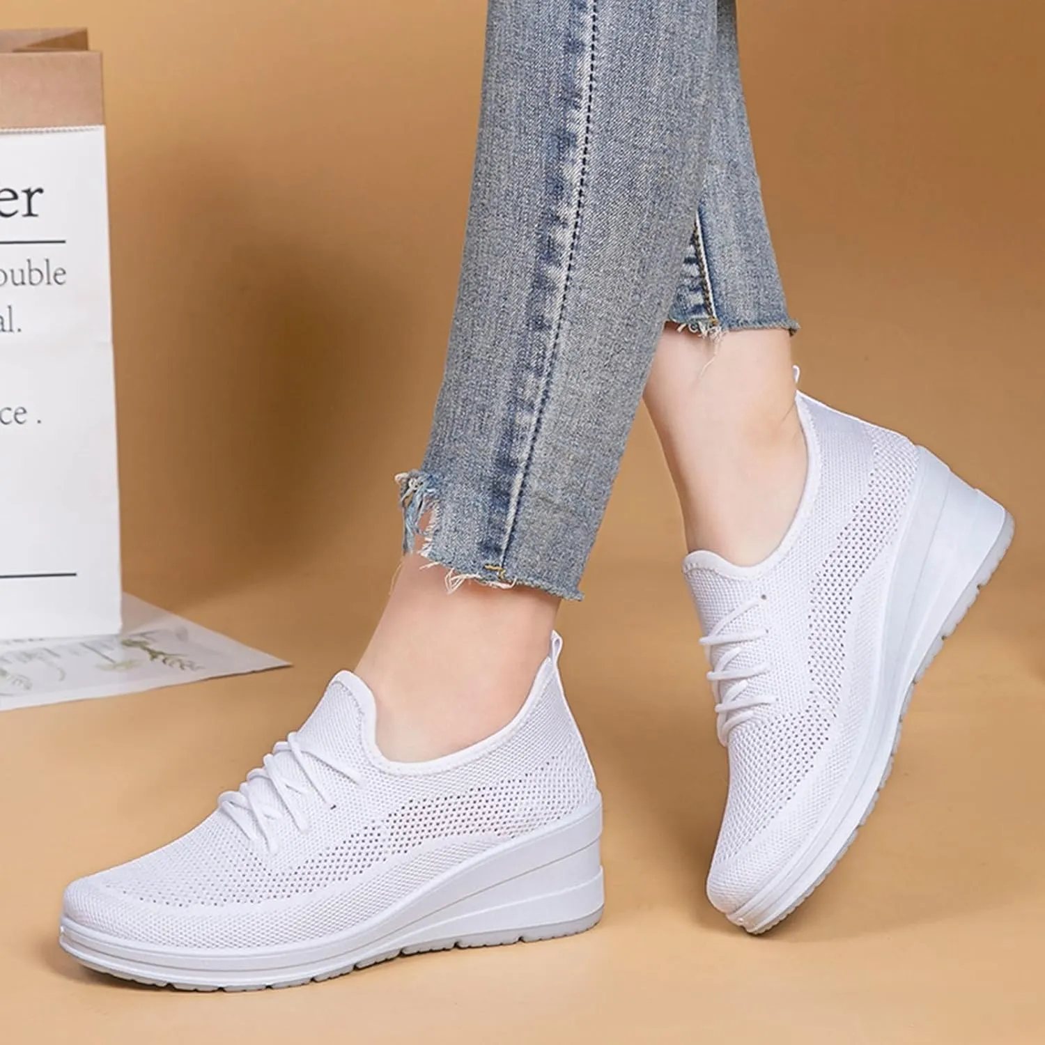 Womens Ultra-Light Stretchy Mesh Wedge Orthopedic Sneakers Comfor Lace Up Non Slip Hollow Out Increase Height Casual Walking Shoes for Outdoor Sport Travel Hiking