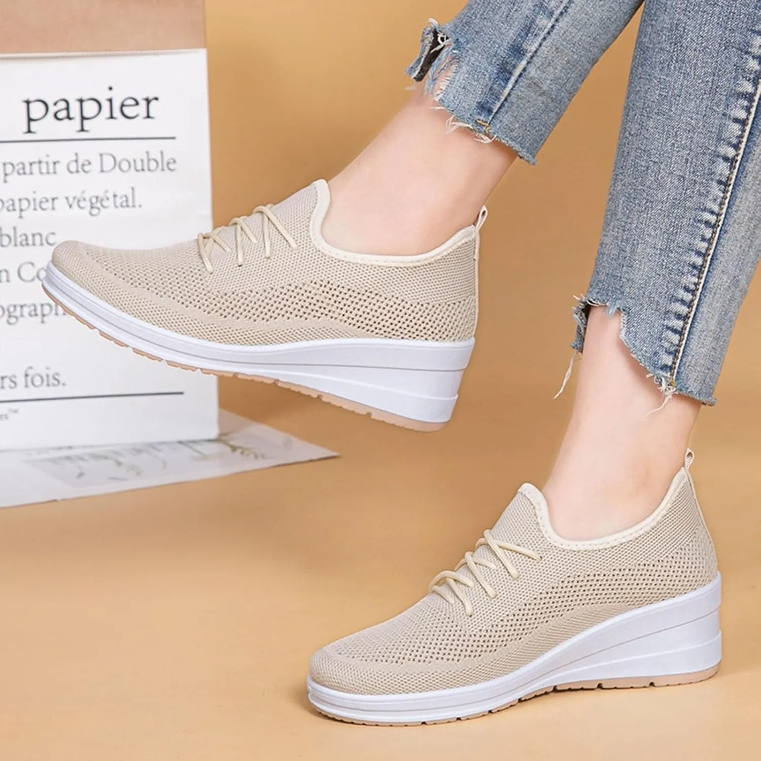 Womens Ultra-Light Stretchy Mesh Wedge Orthopedic Sneakers Comfor Lace Up Non Slip Hollow Out Increase Height Casual Walking Shoes for Outdoor Sport Travel Hiking