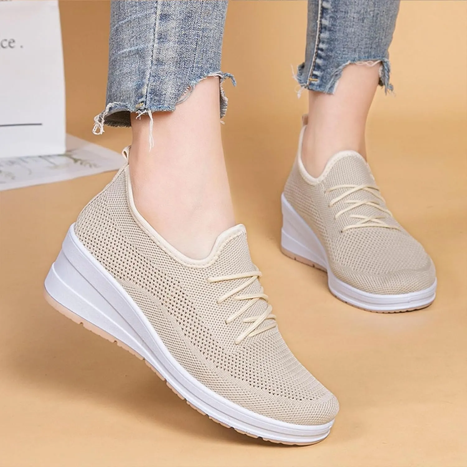 Womens Ultra-Light Stretchy Mesh Wedge Orthopedic Sneakers Comfor Lace Up Non Slip Hollow Out Increase Height Casual Walking Shoes for Outdoor Sport Travel Hiking